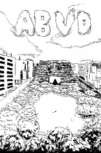 Cover of ABVD comic featuring a line drawing of a hospital in front of a park and the letters ABVD in a cloud-like formation.