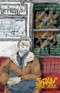 The cover for NYC Subsketch number two, which features a colored drawing of a man sleeping in a Japanese subway seat with the title of the book in graffiti on the wall seen through the subway car's window.